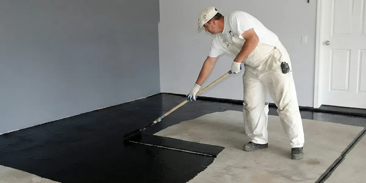 basement waterproofing professional applying waterproof coating to protect a basement floor in Austin, TX