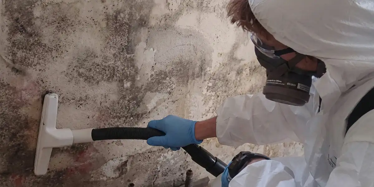 professional mold removal technician wearing protective equipment removing mold from a wall in Austin, TX